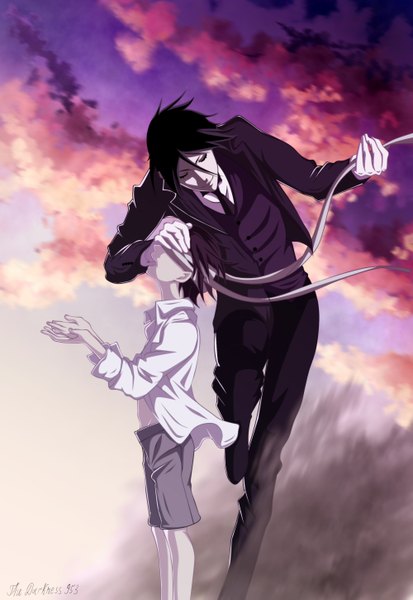 Anime picture 2000x2900 with kuroshitsuji a-1 pictures sebastian michaelis ciel phantomhive darknes953 tall image highres short hair open mouth black hair smile brown hair sky cloud (clouds) eyes closed profile open clothes open shirt coloring boy