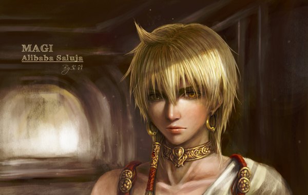 Anime picture 1500x950 with magi the labyrinth of magic a-1 pictures ali baba saluja single fringe short hair blonde hair yellow eyes looking away lips realistic close-up boy earrings