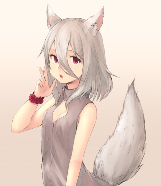 Anime picture 2008x2306 with original koretsuki azuma single tall image looking at viewer fringe highres short hair open mouth simple background hair between eyes standing bare shoulders animal ears tail animal tail pink eyes grey hair grey background :o