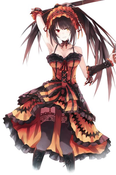 Anime picture 823x1234 with date a live tokisaki kurumi keid single long hair tall image looking at viewer fringe breasts black hair simple background white background twintails holding bent knee (knees) head tilt arm up armpit (armpits) heterochromia lolita fashion