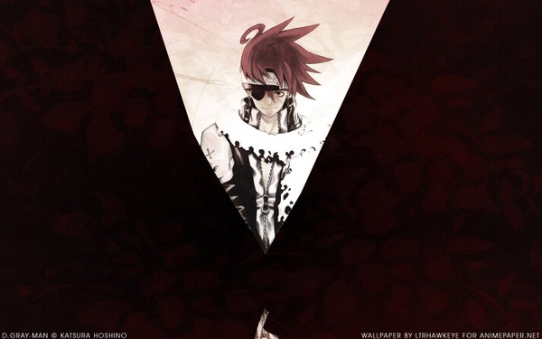 Anime picture 1440x900 with d.gray-man lavi single short hair wide image ahoge red hair light smile boy earrings jacket hairband scarf eyepatch cross