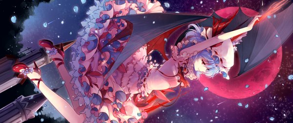 Anime picture 1500x630 with touhou remilia scarlet kieta single short hair red eyes wide image blue hair night red moon girl dress petals wings frills bonnet spear the gungnir