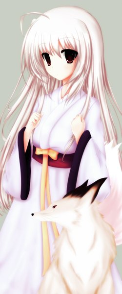 Anime picture 2500x6000 with original toyokawa itsuki (p mayuhime) single long hair tall image highres simple background red eyes white hair traditional clothes japanese clothes grey background girl animal fox