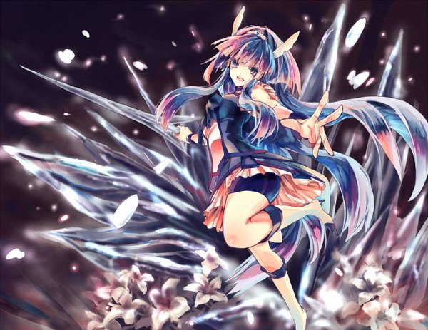Anime picture 1352x1044 with precure smile precure! aoki reika cure beauty single long hair looking at viewer blush open mouth standing brown eyes blue hair happy angel wings girl dress hair ornament flower (flowers) weapon petals
