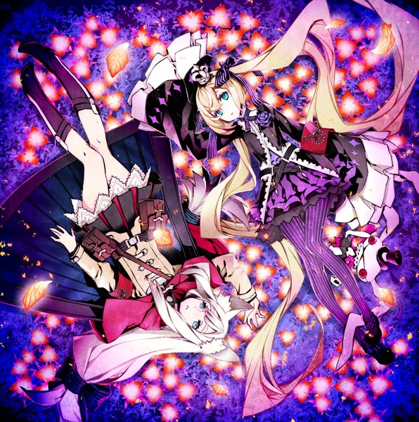 Anime picture 1484x1494 with 7th dragon 2020 hacker (7th dragon) miwa shirow long hair tall image looking at viewer fringe blue eyes blonde hair twintails multiple girls animal ears white hair long sleeves pleated skirt from above wide sleeves fox ears girl dress