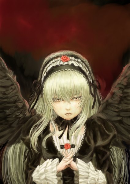 Anime picture 1254x1770 with rozen maiden suigintou tsun (tsutaya01) single long hair tall image simple background blonde hair yellow eyes realistic face angel wings black wings gothic girl dress hairband