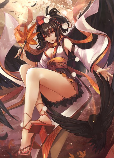 Anime picture 721x1000 with touhou shameimaru aya nakaichi (ridil) single tall image looking at viewer fringe short hair breasts open mouth light erotic black hair hair between eyes holding yellow eyes cleavage ass ponytail long sleeves nail polish