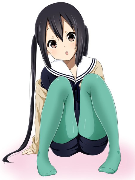Anime picture 1745x2313 with k-on! kyoto animation nakano azusa ragho no erika single long hair tall image highres open mouth black hair simple background white background twintails brown eyes legs girl serafuku shorts