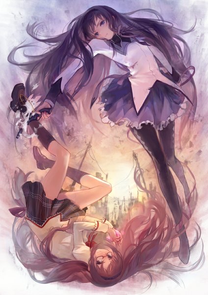 Anime picture 777x1100 with mahou shoujo madoka magica shaft (studio) akemi homura neptune (artist) long hair tall image purple eyes purple hair torn clothes smoke dual persona ruins girl skirt uniform weapon school uniform pantyhose glasses hairband