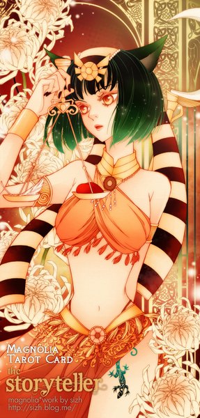 Anime picture 700x1460 with mythology egyptian mythology anubis sizh single tall image short hair black hair standing bare shoulders animal ears yellow eyes looking away nail polish multicolored hair green hair wind lips cat ears inscription