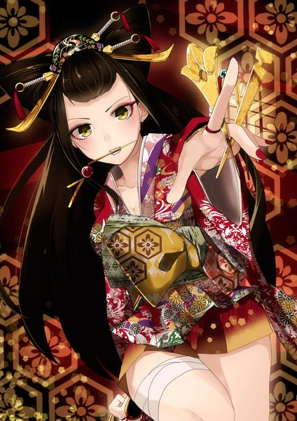 Anime picture 1200x1697 with original memai single long hair tall image looking at viewer black hair yellow eyes nail polish traditional clothes japanese clothes mouth hold girl hair ornament kimono bandage (bandages)
