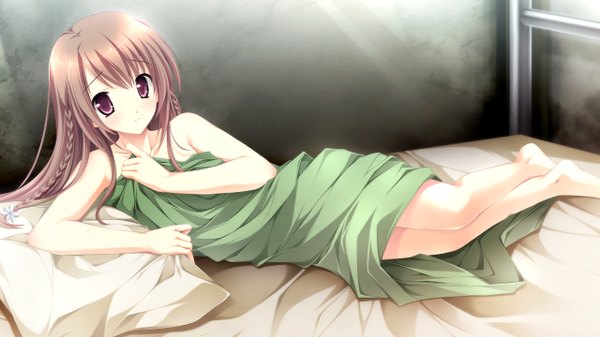 Anime picture 2560x1440 with otome ga tsumugu koi no canvas miyama mizuki kimishima ao single long hair looking at viewer fringe highres brown hair wide image brown eyes game cg lying braid (braids) sunlight twin braids otoko no ko knees touching boy pillow