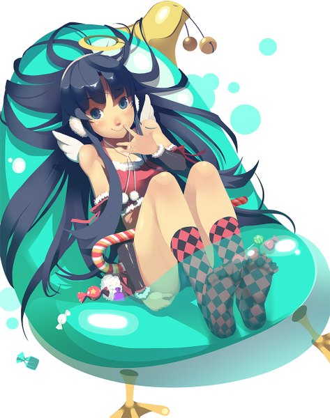 Anime picture 1000x1267 with original vofan long hair tall image blush blue eyes black hair smile bare shoulders legs checkered rhombus girl dress detached sleeves socks food sweets bell jingle bell