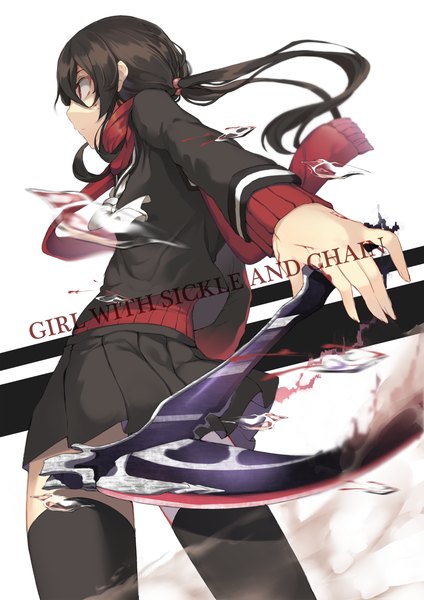 Anime picture 900x1272 with original yuukyuu ponzu long hair tall image black hair red eyes profile girl thighhighs skirt weapon black thighhighs scarf