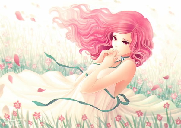 Anime picture 1024x724 with original silvi-silvi single long hair pink hair pink eyes sunlight girl dress flower (flowers) ribbon (ribbons) petals white dress