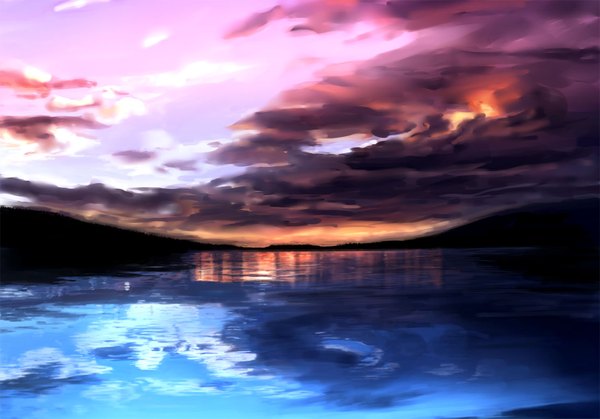 Anime picture 1477x1033 with original gdfzzxcv sky cloud (clouds) evening reflection sunset no people landscape water
