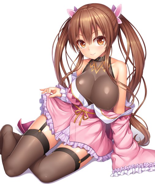 Anime picture 786x930 with sennen sensou aigis junon (sennen sensou aigis) lambda (kusowarota) single long hair tall image looking at viewer blush breasts light erotic smile brown hair large breasts white background twintails brown eyes traditional clothes japanese clothes girl thighhighs