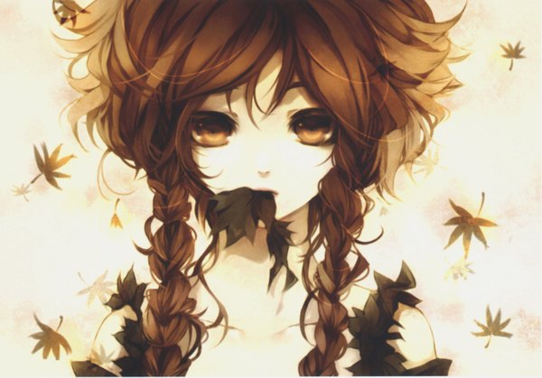 Anime picture 4281x2991 with original matsunaka hiro single long hair highres brown hair holding brown eyes braid (braids) twin braids mouth hold close-up girl leaf (leaves)