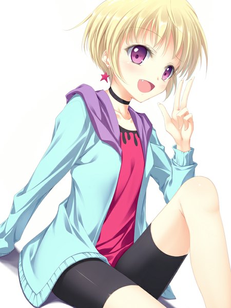 Anime picture 600x800 with aikatsu! hattori yuu mac-kine single tall image short hair open mouth simple background white background purple eyes white hair girl leggings bike shorts