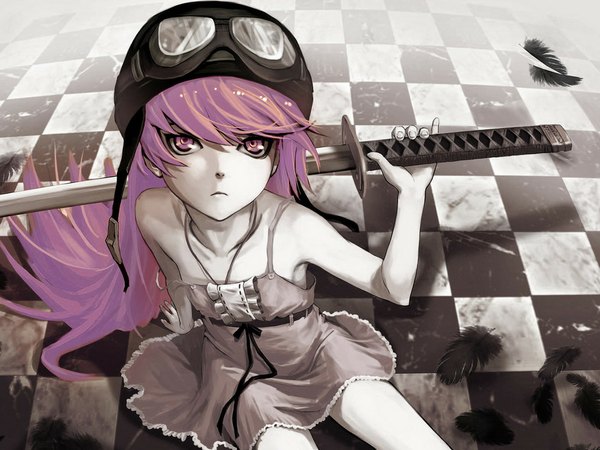 Anime picture 1024x768 with bakemonogatari shaft (studio) monogatari (series) oshino shinobu as109 single long hair red eyes pink hair pink eyes loli monochrome checkered floor alternate color girl dress weapon sword katana feather (feathers)