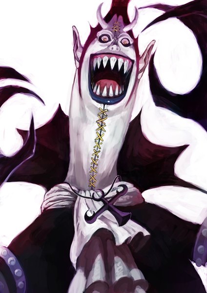 Anime picture 566x800 with one piece toei animation gecko moria lack single tall image short hair black hair simple background white background yellow eyes horn (horns) lips teeth looking down portrait sharp teeth white skin boy cross