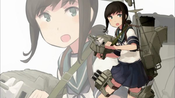 Anime picture 1920x1080 with kantai collection fubuki destroyer shibafu (glock23) single blush fringe highres short hair open mouth black hair wide image holding looking away grey eyes wallpaper zoom layer dual wielding end card girl uniform