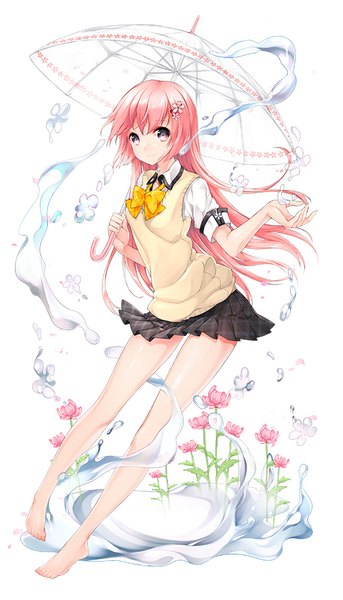 Anime picture 572x1000 with original juna single long hair tall image looking at viewer white background pink hair full body pink eyes barefoot bare legs transparent umbrella girl skirt uniform flower (flowers) school uniform water umbrella