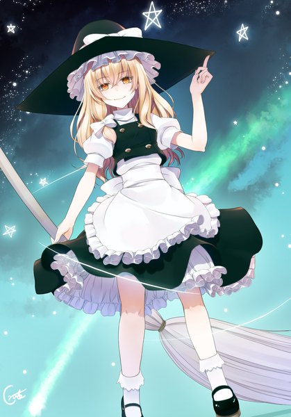 Anime picture 628x900 with touhou kirisame marisa crote single long hair tall image looking at viewer blonde hair yellow eyes witch girl dress skirt hat star (symbol) witch hat skirt set broom
