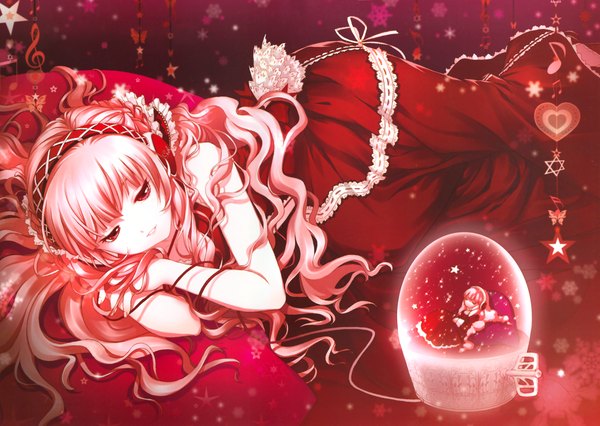 Anime picture 8403x5971 with vocaloid megurine luka shirahane nao highres scan red background girl