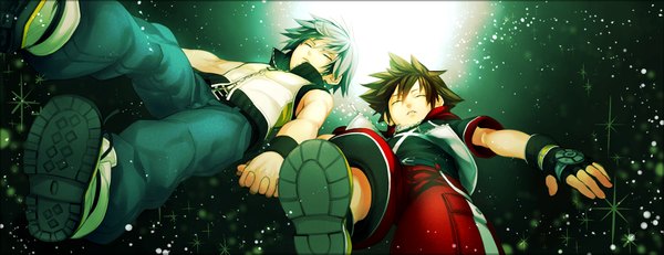 Anime picture 2200x850 with kingdom hearts square enix sora (kingdom hearts) riku (kingdom hearts) tayuya1130 highres short hair brown hair wide image eyes closed grey hair multiple boys from below sleeveless holding hands glow boy boots fingerless gloves star (stars)