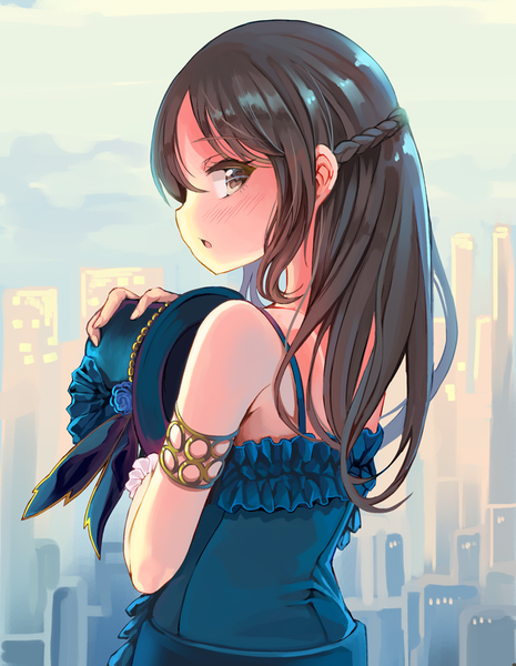 Anime picture 656x846 with idolmaster idolmaster cinderella girls tachibana arisu heri single long hair tall image looking at viewer blush fringe open mouth brown hair bare shoulders holding brown eyes payot sky cloud (clouds) upper body outdoors