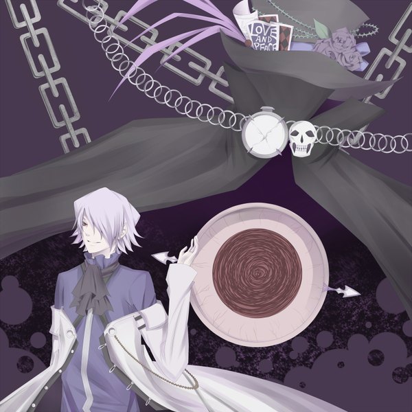 Anime picture 1650x1650 with pandora hearts xebec xerxes break fringe short hair blonde hair silver hair hair over one eye ribbon (ribbons) rose (roses) chain cloak clock skull neckerchief pocket watch