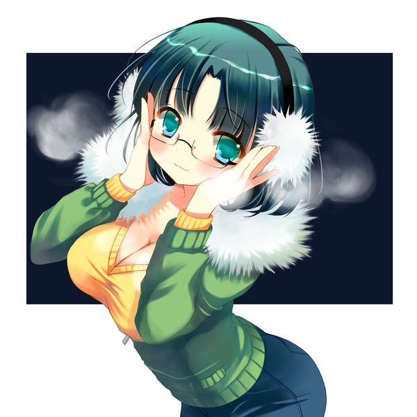 Anime picture 2893x2893 with original nojima noko single blush highres short hair breasts light erotic large breasts green eyes green hair girl glasses hairband headphones