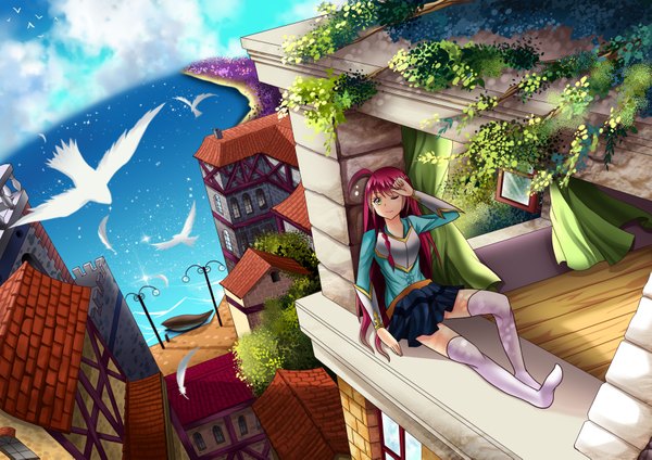 Anime picture 3510x2486 with roland-gin (gin-1994) single long hair highres sitting green eyes absurdres sky purple hair cloud (clouds) one eye closed light smile wink girl thighhighs skirt plant (plants) animal white thighhighs tree (trees)