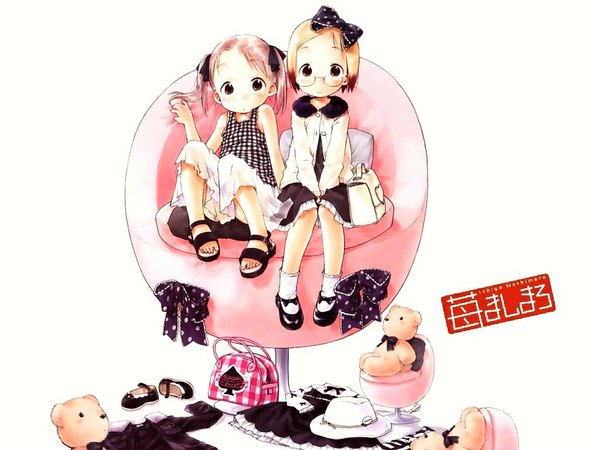 Anime picture 1024x768 with ichigo mashimaro matsuoka miu sakuragi matsuri barasui twintails multiple girls girl ribbon (ribbons) 2 girls shoes