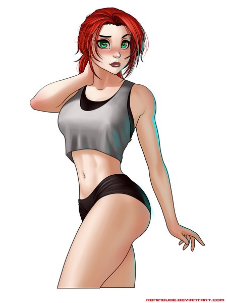 Anime picture 3000x4000 with ronin dude (ray cornwell) single long hair tall image highres light erotic simple background standing white background green eyes red hair lips sleeveless girl navel t-shirt