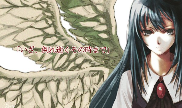 Anime picture 1024x609 with touhou sariel kuroneko nero single long hair looking at viewer simple background smile wide image white background blue hair silver eyes girl uniform school uniform wings