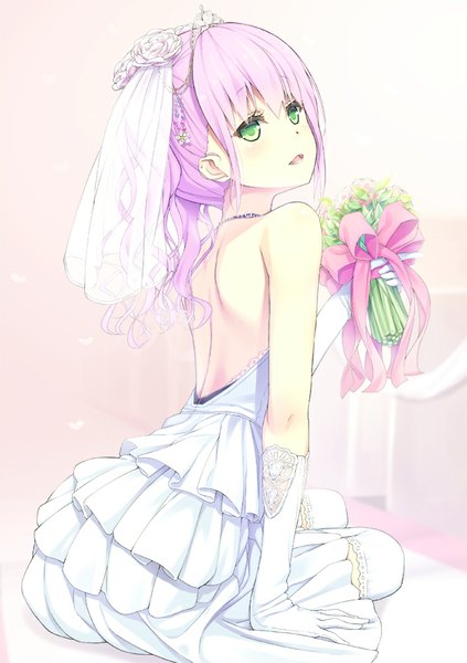 Anime picture 705x1000 with original peragura single long hair tall image open mouth bare shoulders green eyes pink hair wedding girl dress gloves flower (flowers) ribbon (ribbons) white gloves bouquet wedding dress wedding veil