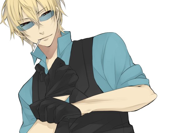 Anime picture 2023x1433 with durarara!! brains base (studio) heiwajima shizuo single highres short hair blonde hair black eyes twisty sleeves adjusting gloves boy gloves vest sunglasses cigarette