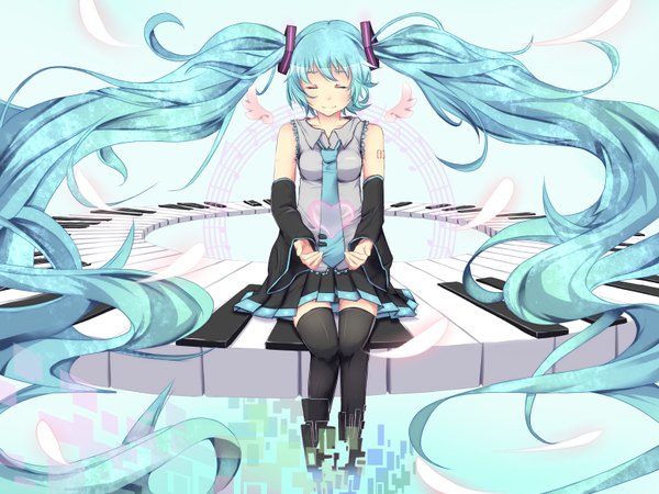 Anime picture 1600x1200 with vocaloid hatsune miku meimuu single blush sitting twintails eyes closed very long hair aqua hair girl skirt detached sleeves wings necktie feather (feathers)