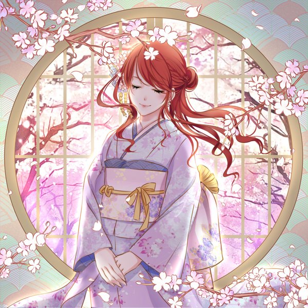 Anime picture 1000x1000 with original syrinxwell311 single long hair red hair eyes closed traditional clothes japanese clothes light smile cherry blossoms girl flower (flowers) plant (plants) petals tree (trees) kimono obi