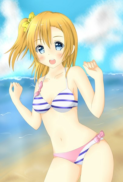Anime picture 675x1000 with love live! school idol project sunrise (studio) love live! kousaka honoka tear yu single tall image looking at viewer blush fringe short hair breasts blonde hair smile sky cloud (clouds) one side up girl navel bow