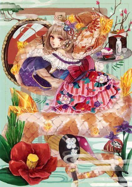 Anime picture 893x1266 with original piyoyanagi single long hair tall image red eyes brown hair long sleeves looking back pointy ears girl dress hair ornament flower (flowers) bow plant (plants) fan tray mirror snake