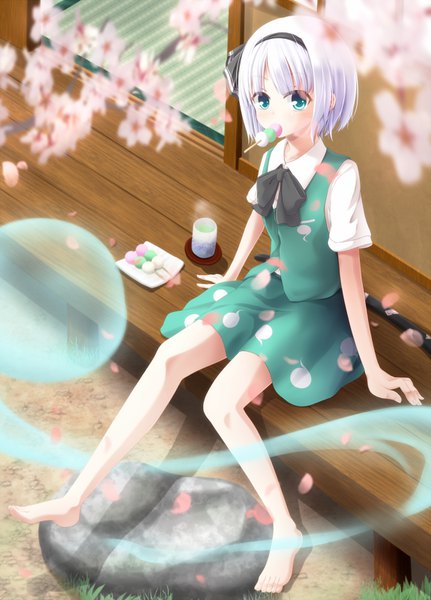 Anime picture 1150x1600 with touhou konpaku youmu myon evandragon single tall image looking at viewer short hair sitting holding green eyes full body white hair barefoot from above blurry mouth hold cherry blossoms girl skirt