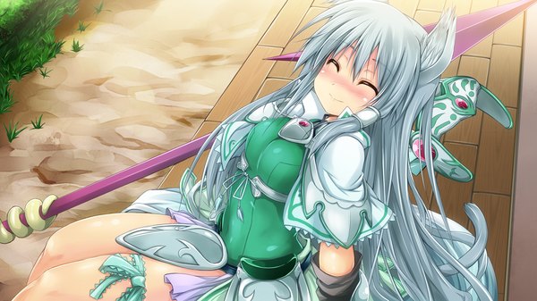 Anime picture 1280x720 with sangoku hime unicorn-a long hair blush wide image animal ears game cg silver hair eyes closed girl weapon armor
