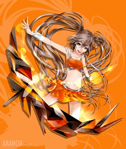Anime picture 1404x1653 with arancia project original arancia single long hair tall image looking at viewer open mouth smile brown hair twintails brown eyes inscription happy orange background girl navel miniskirt bracelet orange (fruit)