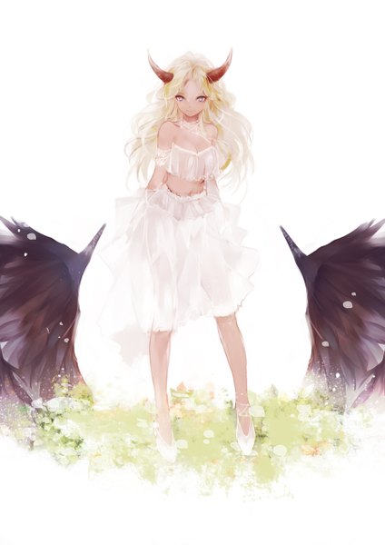 Anime picture 900x1273 with original lpip single long hair tall image looking at viewer blue eyes light erotic simple background blonde hair smile standing white background bare shoulders full body horn (horns) sunlight wavy hair black wings girl