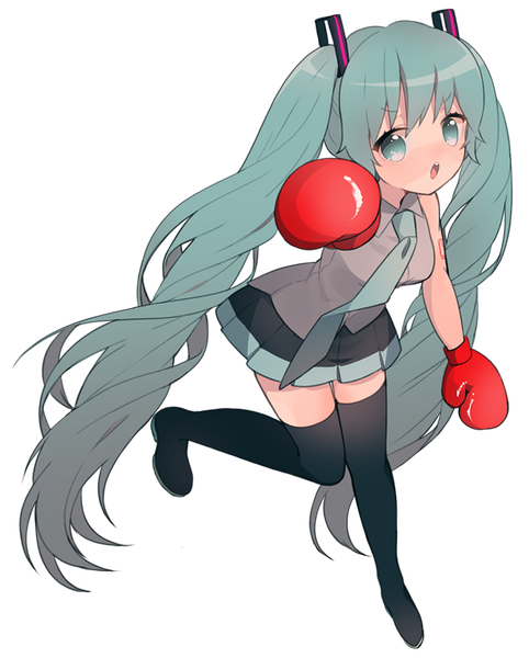 Anime picture 820x1020 with vocaloid hatsune miku uttao single tall image looking at viewer blush open mouth twintails full body very long hair aqua eyes aqua hair transparent background girl necktie boots thigh boots boxing gloves