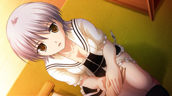Anime picture 1024x576 with jesus 13th looking at viewer short hair open mouth wide image brown eyes game cg silver hair girl uniform school uniform