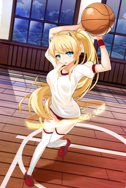 Anime picture 2201x3282 with original kikimi single long hair tall image highres blue eyes light erotic blonde hair ponytail side ponytail girl thighhighs uniform white thighhighs gym uniform ball basketball ball
